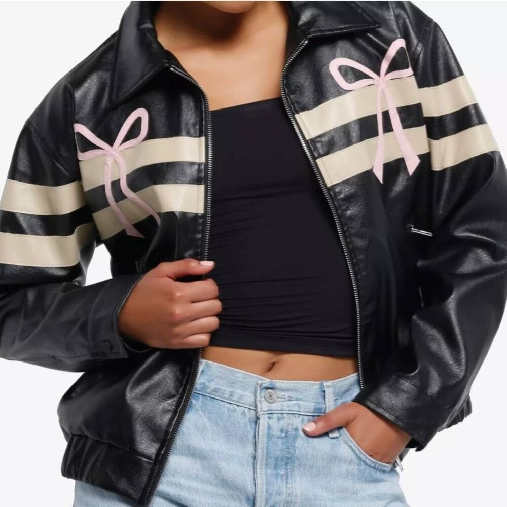 Hot Topic Black & Cream Stripe Bow Faux Leather Jacket size Large